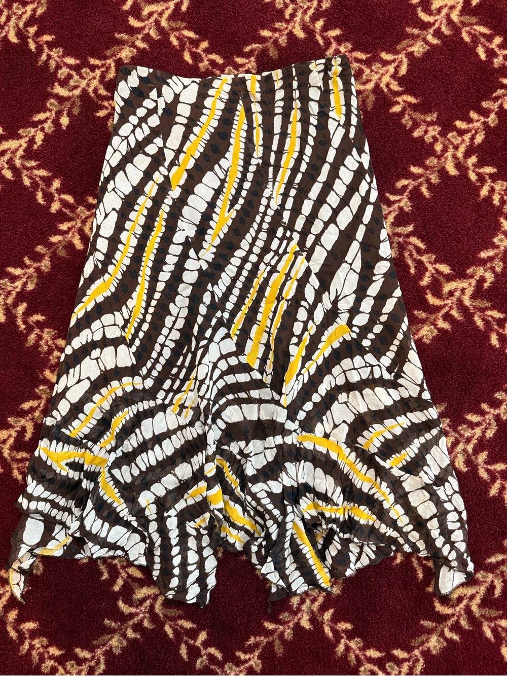 Brown & White Abstract Print A-Line Skirt with Yellow Accents